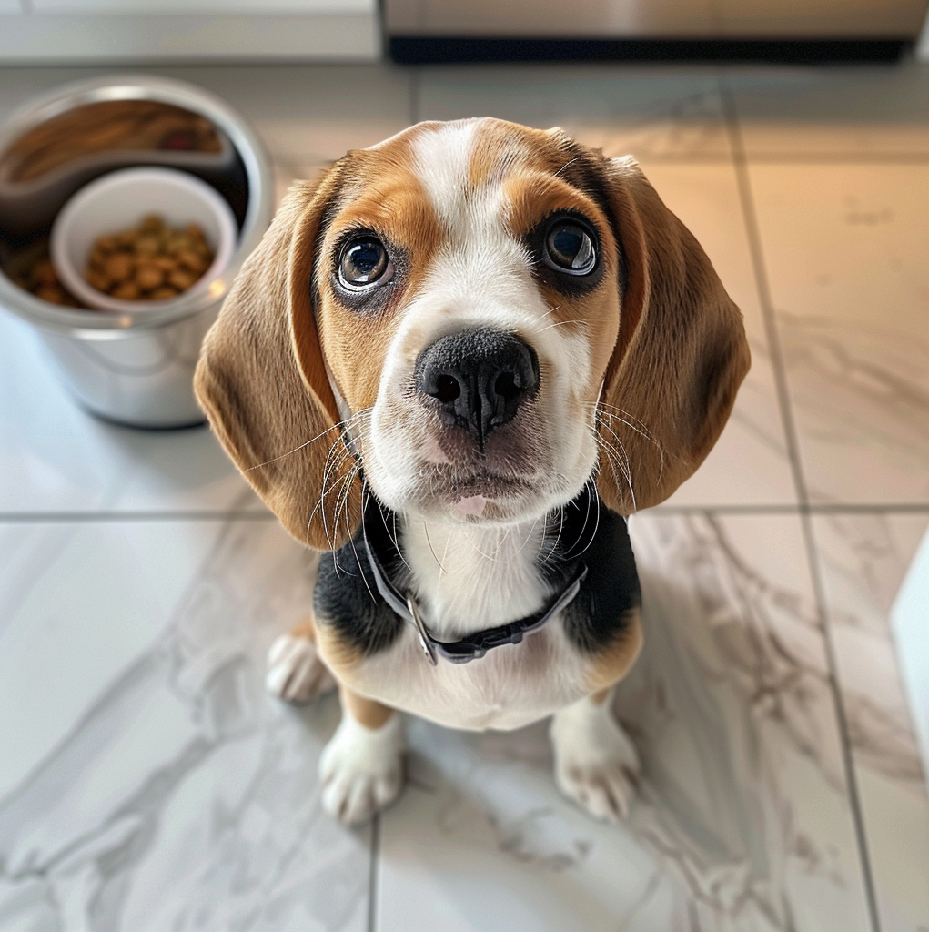 Why We Ask You to Buy Us a Cup of Coffee If You Liked Our Online Courses. Adorable beagle puppy with soulful eyes sitting next to a bowl of dog food, evoking the warm, grateful feeling of receiving a cup of coffee.